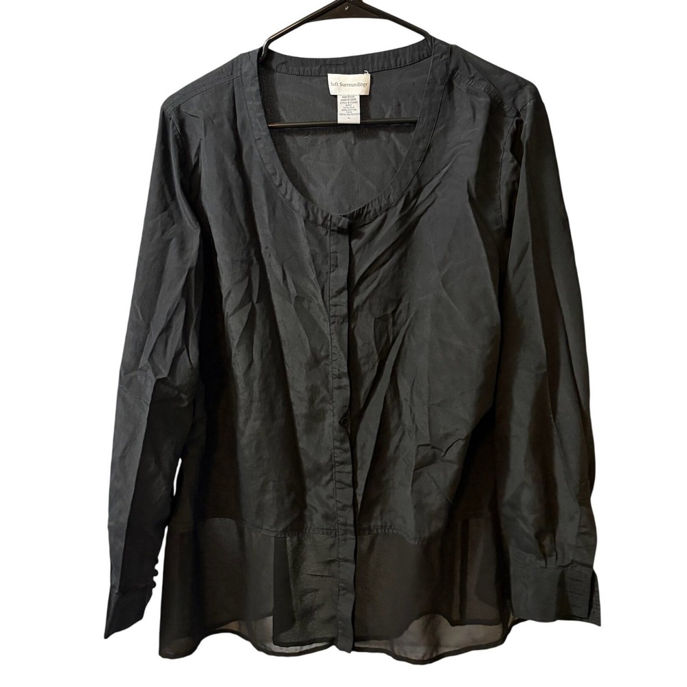 Soft Surroundings Black Silk Cotton Blend Button Front Blouse Sheer Hem XL